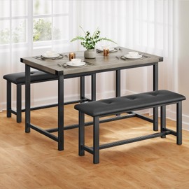 3 PSC Dining Table Set with 2 Upholstered Benches and 1 Table for 4, 44" Small Space Breakfast Nook Set, Kitchen Table with Tufted Upholstered Seats, Rustic Wood & Metal Frame, Easy Assembly