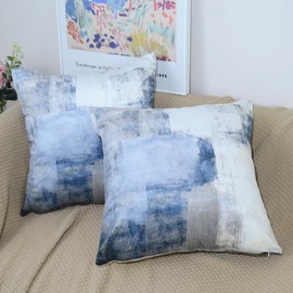 QUALKNOY Set of 4 Velvet Cushion Covers 40x40 cm Blue Grey Modern Abstract Art Decorative Throw Pillow Cases 16x16 inches for Living Room Sofa and Outdoor Decor