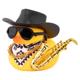 wonuu - Decoración de pato de goma para coche, diseño de pato de coche, accesorios de decoración con mini sombrero, instrumentos musicales, bufanda blanca y sombrero negro