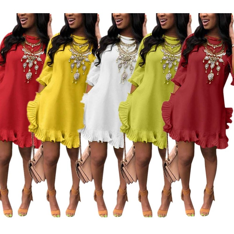 LKOUS Women Summer Short Sleeve Round Neck Ruffles Hem Loose