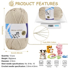 Wool for Crocheting, 600 g (50 g x 12), Crochet Wool 5 Faiding, Cotton for Crochet, Crochet Yarn, Wool Cotton, Amigurumi Wool Hand Knitting Yarn for DIY Crochet, Knitting and Crafts (Khaki White)