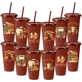 Chuangdi 12 Pcs Western Party Plastic Tumbler, 24 oz Cowboy Cowgirl Theme Party Plastic Tumbler with Lids and Straw for Western Rodeo Theme Supplies Decorations