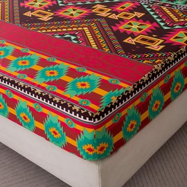 NATURETY Bohemian Style Bedding Fitted Sheet with Deep Pocket,Red Colorful Boho Pattern Printed Fabric Bed Sheets (Multicolor, Queen)