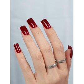 ASONRL 32 PCS Maroon Duck Nails Press on- Short Burgundy Fake Nails Quality Solid Glossy Gel Nail, Glue On Nails Kit, Reusable False Nails with Mini Nail File for Women- Short Burgundy Duck