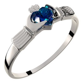 GWG Jewellery 925 Sterling Silver Claddagh Ring with Heart Shaped Sapphire Blue Stone Under Crown – 10 in Gift Box for Women