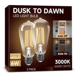Dusk to Dawn Light Bulbs: Outdoor Light Bulbs, 6W Equivalent 60W Edison Bulbs, 3000K Warm White, Vintage 600LM LED Outdoor Lighting, E26 Base, Photocell Sensor, Automatic Bulb for Porch Patio, 2 Pack