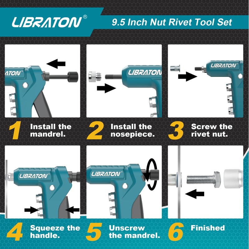 LIBRATON 9.5" Rivet Nut Tool, One-Handed Rivet Nut Gun, Hand