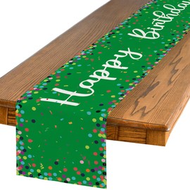 Artoid Mode Polka Dot Green Happy Birthday Table Runner, Seasonal Christmas Winter Kitchen Dining Table Decoration for Home Party Decor 13x72 Inch