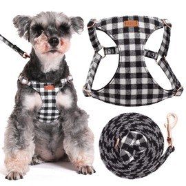 HSIGIO Dog Harness and Leash Set, Plaid No Pull Cat Harness and Leash, Soft Adjustable Puppy Harness for Extra Small Medium Dogs, Cats(Black Plaid, M)