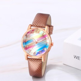 JewelryWe Women's Leather Watch Women's Analogue Quartz Classic Business Casual Watch with Leather Strap Gift for Women Girls, 1 - Rainbow - Brown, Strap.