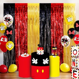 22Pcs Cartoon Mouse Birthday Decorations, Black Red Gold 3.3x8.2ft Tinsel Foil Fringe Curtains Banners and Cute Balloons for Anime Party Decorations Boys and Girls Party Supplies