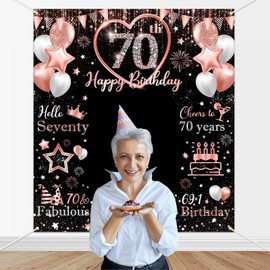 Mocsicka 70th Birthday Banner Large 70th Birthday Backdrop Decorations Black Rose Gold Seventy Birthday Decorations 70th Birthday Photo Backdrop for Women Outdoor Indoor