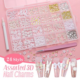 3D Nail Charms and Gems, Mix Flower Bow Heart Colorful Acrylic Nail Art Charms, Mix Nail Pearl Rhinestones and Caviar Beads for Nails, Cute Hollow Pearls Jewelry for Art Design DIY Crafts