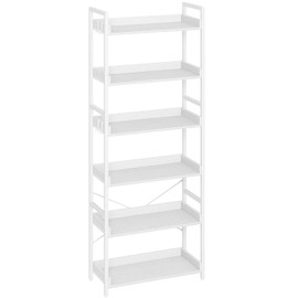 Rolanstar Bookshelf 6 Tier with 4 Hooks, Industrial Bookcase, Vintage Storage Rack with Open Shelves, Rustic Standing Bookshelves Metal Frame Display Rack for Living Room, Bedroom, White