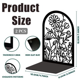 ORIGACH Heavy Duty Metal Bookends Decorative Flowers Design Sturdy Book Stoppers for Home and Office Black Books Holders for Shelf Desktop Decor