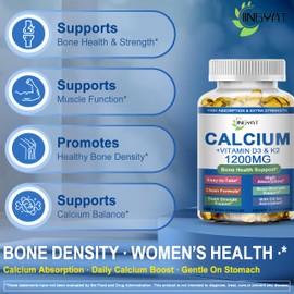 Calcium Supplements for Women - Calcium 1200 mg with Vitamin D3 & K2 - High Absorption Extra Strength Calcium Citrate for Bone Health, Strength, Density, Muscle, Heart Support - Slow Release, Non-GMO