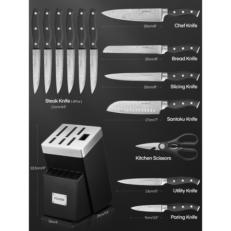 Knife Block Set, FOHERE 14 Pieces Self Sharpening Knife Block