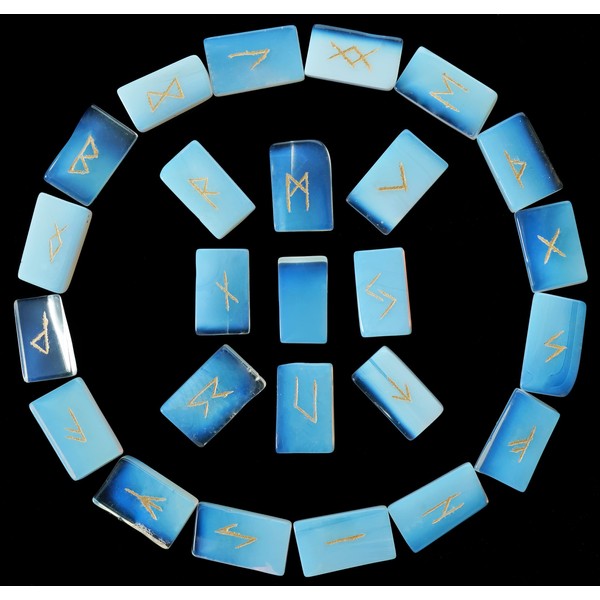 Opalite Rune Stones Set - Polished Stone Elder Futhark Witchcraft Supplies Gemstone Runes Viking Spiritual Stones Norse Pagan Engraved Crystals Divination Tools for Healing Brick Shape (25 Pcs)