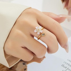 Kokoma Cherry Blossom Pearl Ring for Women, Gold Plated Adjustable Open Band Crystal Flower Statement Ring Promise Engagement Rings Band Fashion Jewelry