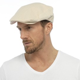 Mens Cotton Linen Fabric Flat Cap Hat Lined Summer Sun Peak Washable Stone M/L