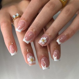 BQZQPAMZ White French Tip Press on Nails White Flower Short Square False Nails With Gold Mini Rhinestone Design Spring Floral Stick on Nails Reusable Acrylic Nails for Women Nail Art Supplies