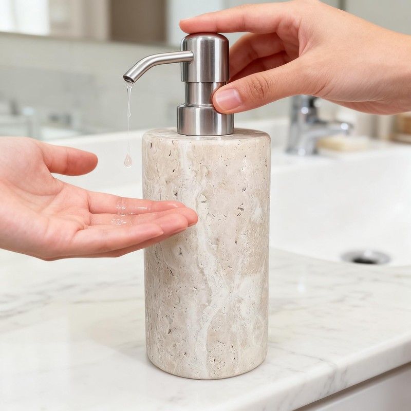 Jusmioke Natural Travertine Marble Soap Dispenser with Stainless Steel Pump,