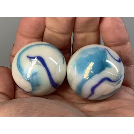 2 BOULDERS 35mm Tiger Shark Marbles White Glass Large Huge Swirl