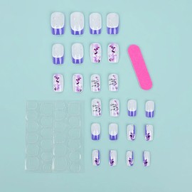 LPOODDNU Purple French Tip Flower Press on Nails Medium Square Fake Nails Spring Floral Design Cute False Nails Purple Small Flowers Acrylic Nails Flowers Stick on Nails for Women Manicure, 24Pcs