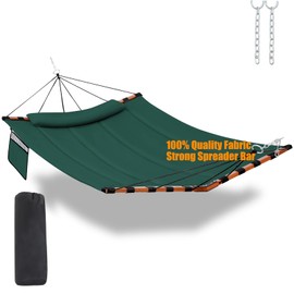 TegerDeger 12FT 2 Person Hammock Large Hammock 450LB Capacity with V Shaped Hardwood Spreader Bar & Nylon Rope for Outside, Patio, Garden, Backyard, Beach, Poolside - Dark Green