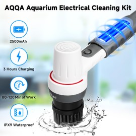 AQQA 8-in-1 Electric Aquarium Cleaning Kit Cordless Rechargeable Glass Scrubber IPX9 Waterproof Handheld Fish Tank Cleaner Powerful Algae Scraper & Cleaning Brush Set (Grey)