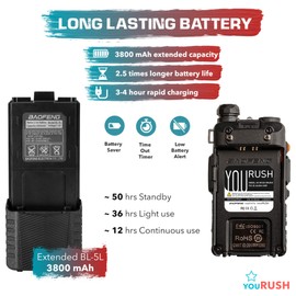 youRUSH Portable Ham Radio - 2 Pack - BAOFENG UV5R 5W Dual Band Two Way Radio with Extended Battery BL-5L 3800 mAh and Lanyard - Plus USB Programming Cable - Chirp Support - Built-in VOX Function