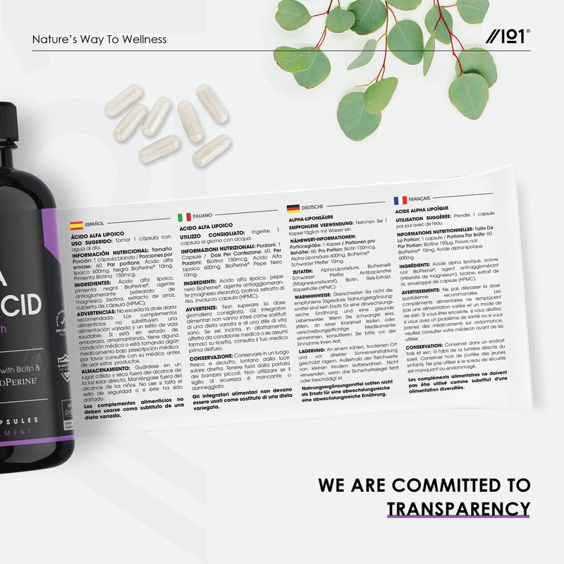 Alpha Lipoic Acid (ALA) 600mg - Made with Biotin &