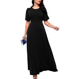 TieBnss Black Maxi Dress for Women 2025 Casual Floor Length Flowy Short Sleeve Round Neck Formal Long Dresses X-Large