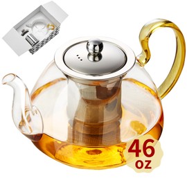 Large Glass Teapot with Stainless Infuser, Stovetop Safe, Thickened Heat-Resistant Borosilicate Glass, 46 fl oz