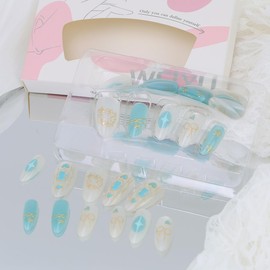 30Pcs Cute Cat Press on Nails Short Almond Fake Nails Glitter Blue False Nails with Bow Design Full Cover Glossy False Nails Artificial Handmade Glue on Nails Stick on Nails for Women Girls Manicure