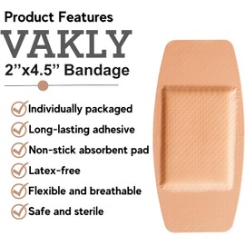Vakly Extra Large Adhesive Bandages 2 x 4.5 in (100 Pack) – Sterile Sheer Plastic Bandages with Non-Stick Pad, Breathable Flexible 4-Sided Seal, Latex-Free First Aid Wound Care
