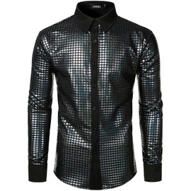 JOGAL Men's 70s Costume Rainbow Sequins Disco Party Dress Long Sleeve Button Down Shirts (Black, Large)