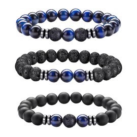Mochity 3 Pieces Tiger Eye Bracelet for Men, 8mm Bracelet with Natural Stone Beads, Adjustable Bracelets for Men, Gifts for Men, Stainless Steel, Stainless Steel