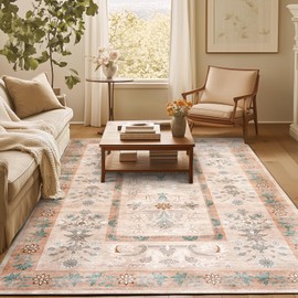 jinchan Area Rug 5x7 Washable Rug, Vintage Floral Living Room Rug Non Slip Home Decor Mat, Low-Pile Carpet for Bathroom Entrance Bedroom Office Farmhouse and Dining Table (Dusty Pink)