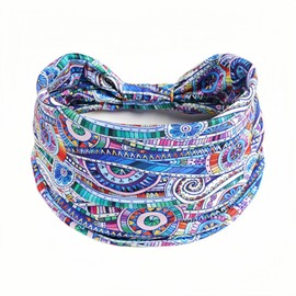 1 Pack Boho Headbands Stretch Paisley Print Bandana Headband Criss Cross Hair Bands Knotted Head Wrap Yoga Daily for Women and Girls (Blue Pattern)
