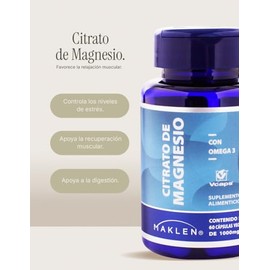 MAGNESIO - Maklen Citrato de Magnesio con Omega 3 - Apoyo al Sistema Muscular y Nervioso - Capsulas Veganas Vcaps® de 1,000 mg