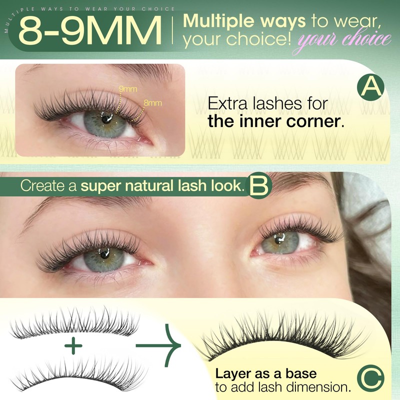 Short Lash Clusters 8-9MM Natural Eyelash Clusters Invisible Band Cluster