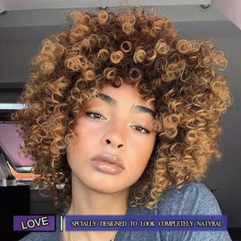 Curly Wigs for Black Women - Kinky Afro Curly Wig with Bangs 2 Tone Blonde Mixed Brown Color Synthetic Heat Resistant Full Wigs with 1 Wig Comb and 4pcs Wig Caps