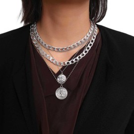 Aneneiceera Boho Multilayer Coin Necklace Vintage Silver Chunky Link Cuban Chain Choker Rock Statement Layered Coin Necklace Disc Coin Pendant Necklace Charm Jewelry for Women and Girls(Silver)