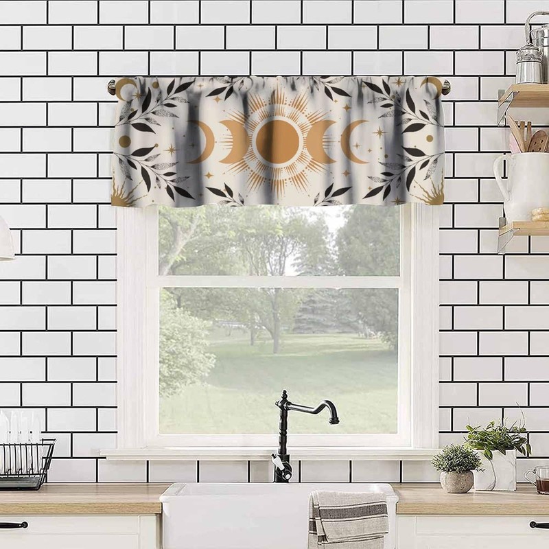 JanJCurt Boho Moon Phase Valance, Boho Mystic Celestial Sun Moon