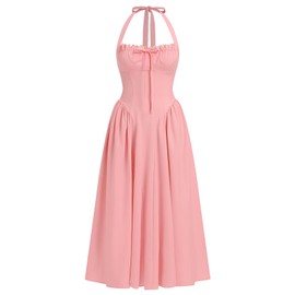 ABEHIK Bustier Dress for Women Low Cut Corset Midi Dress Flowy Adjustable Halter Neck Casual Sundress Lace Up Summer Wedding Guest Cocktail Homecoming Party Dresses Pink S