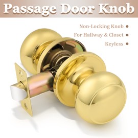 Probrico Round Door Knobs Passage Lock Polished Brass for Closet Hallway Passage Handle Keyless Lockset 5 Pack