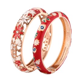 UJOY Vintage Jewelry Cloisonne Handcrafted Leaf Enameled Gorgeous Rhinestone Gold Hinged Cuff Bracelet Bangles Gifts 88C11-55A119 red