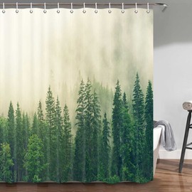 Rustic Nature Forest Shower Curtain for Bathroom, Green Misty Forest Pine Tree Shower Curtain Cool Nature Green Scenery Landscape Bathtub Decor 72X72 inch Design Art Shower Curtain Set with Hooks