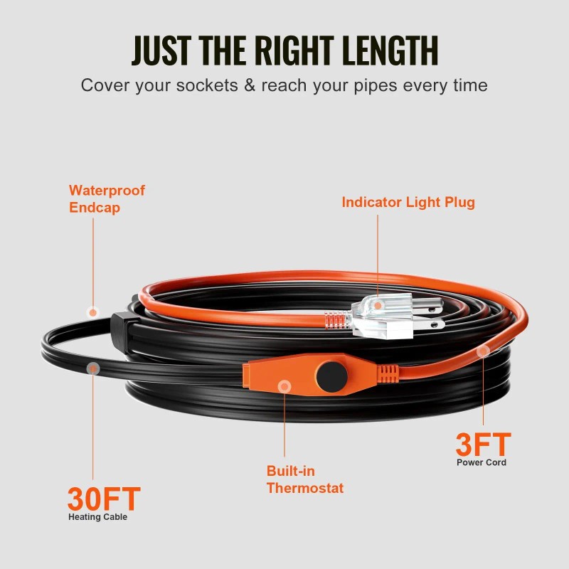 30FT 7W/FT Pipe Heating Cable with Built-in Thermostat Water Pipe